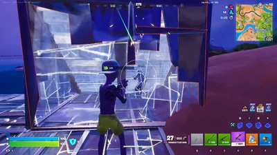 Fortnite chams and skeleton ESP cheat overlay on a wooden pier
